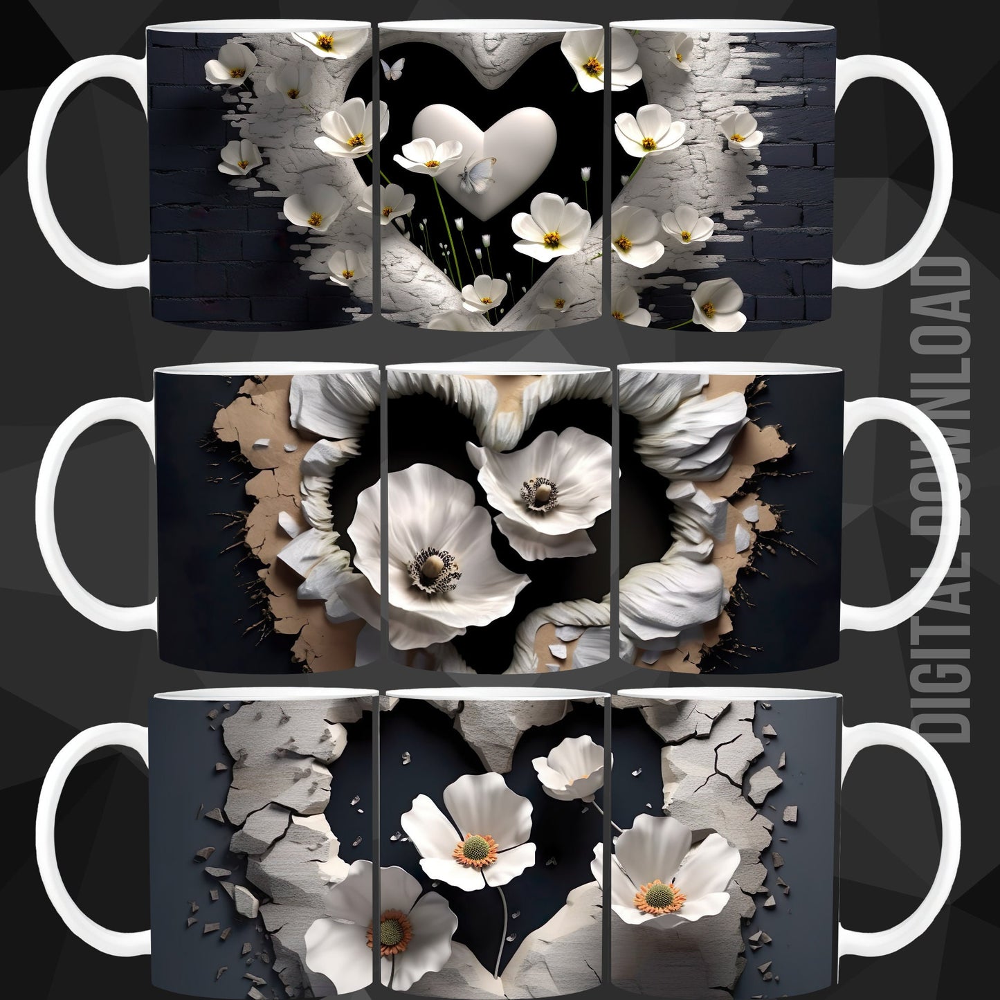 White Poppy Heart Bundle 3D Digital Download Sublimation PNG file Flower Poppies Tumbler Mug Wrap Valentines Day design