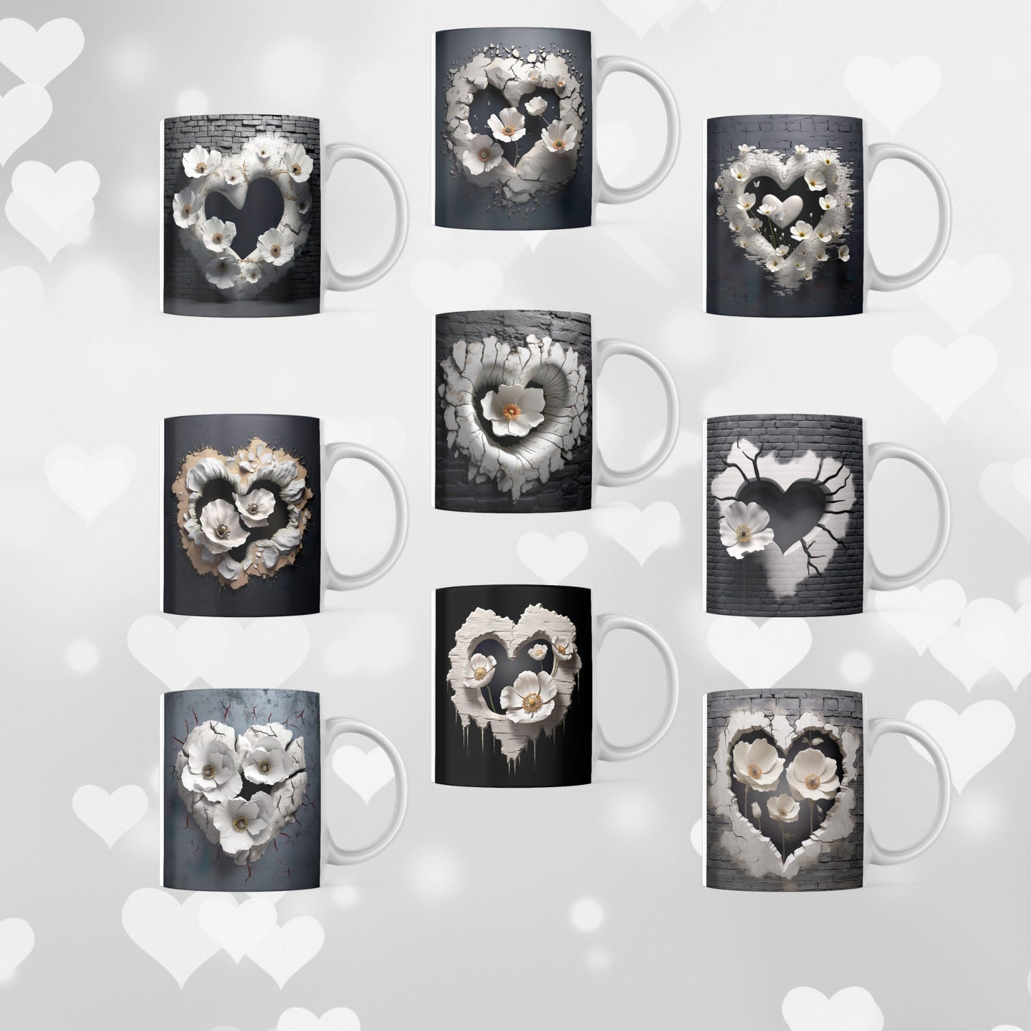 White Poppy Heart Bundle 3D Digital Download Sublimation PNG file Flower Poppies Tumbler Mug Wrap Valentines Day design