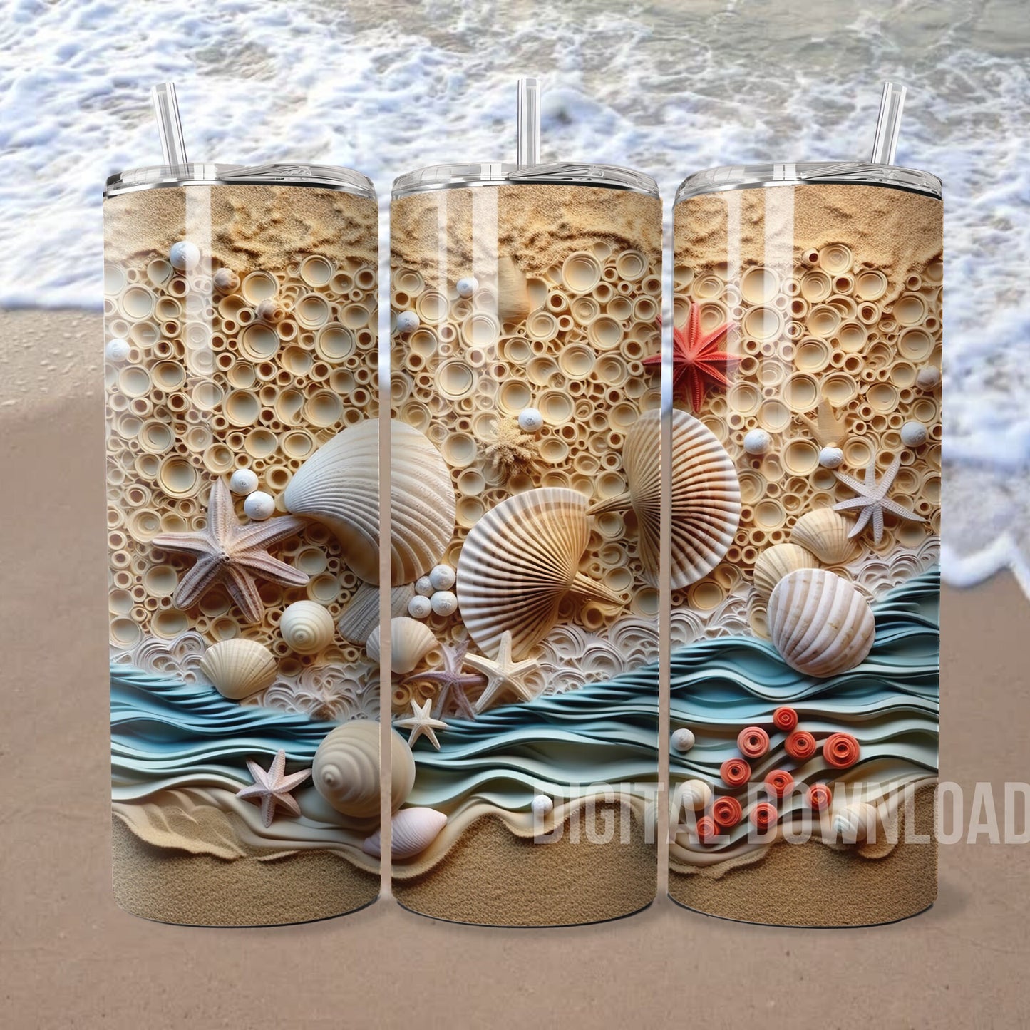 3D Tumbler Wrap Beach Seashells Sublimation Design, Summer Instant Digital Download PNG