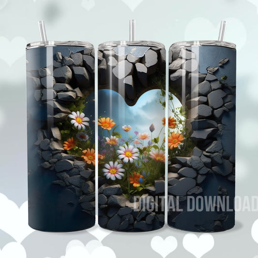 Wildflowers Heart Black Tumbler Mug Cup Wrap Flower Download Digital Sublimation PNG file Valentines Day design