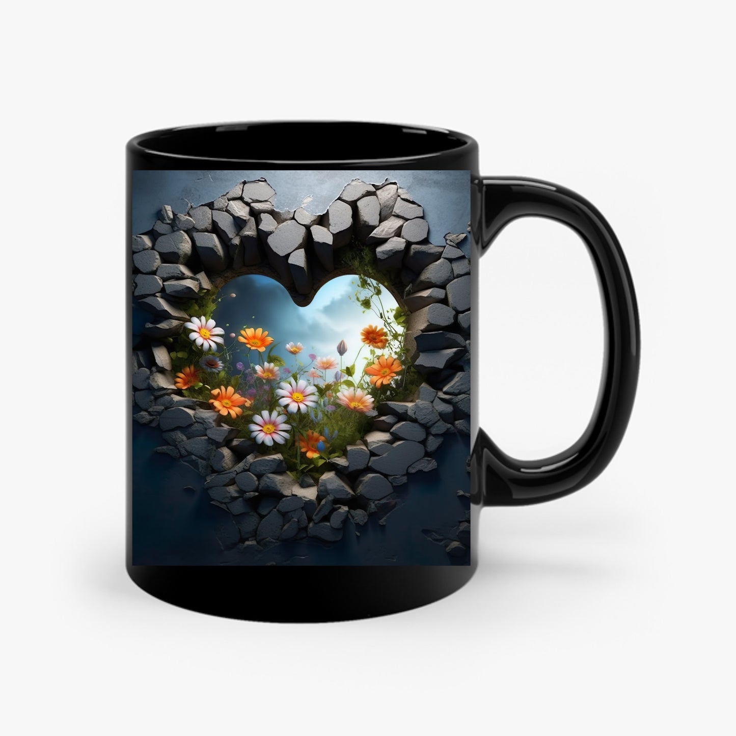 Wildflowers Heart Black Tumbler Mug Cup Wrap Flower Download Digital Sublimation PNG file Valentines Day design