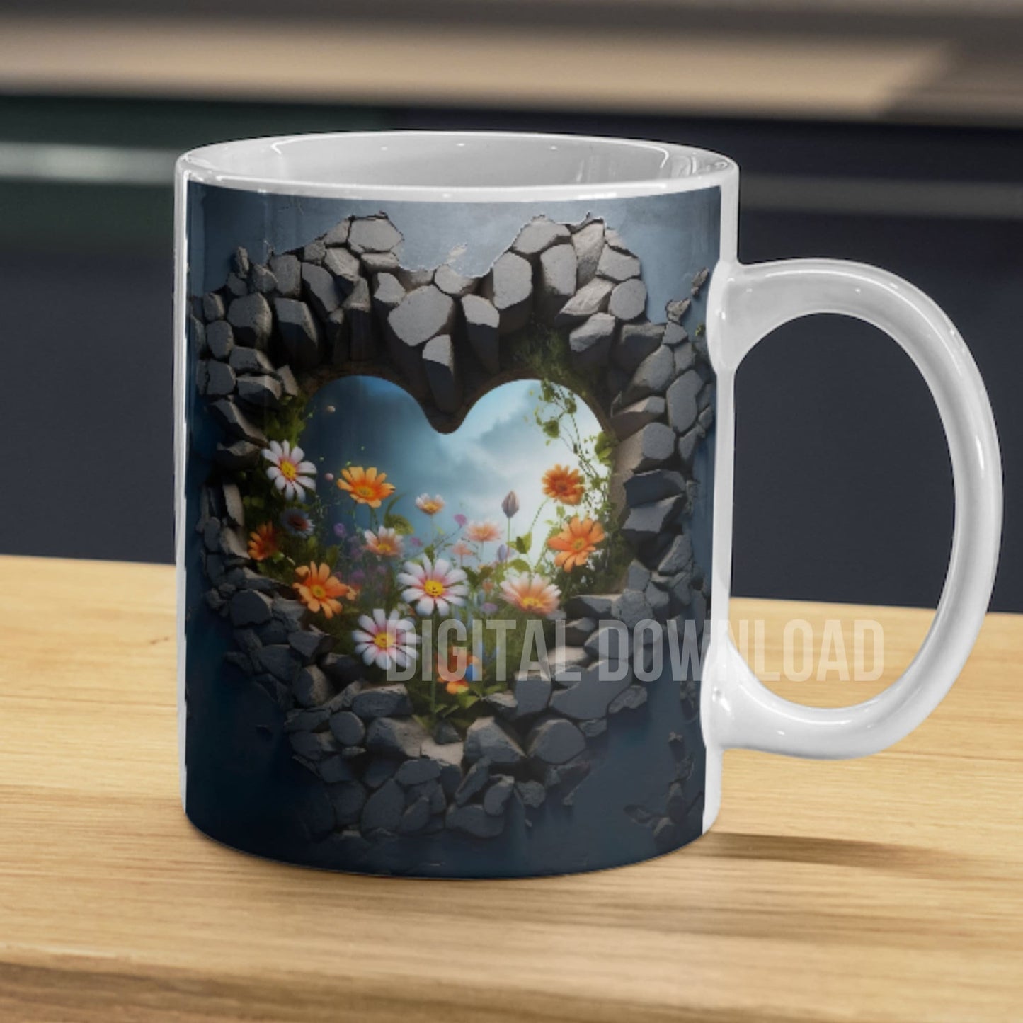 Wildflowers Heart Black Tumbler Mug Cup Wrap Flower Download Digital Sublimation PNG file Valentines Day design