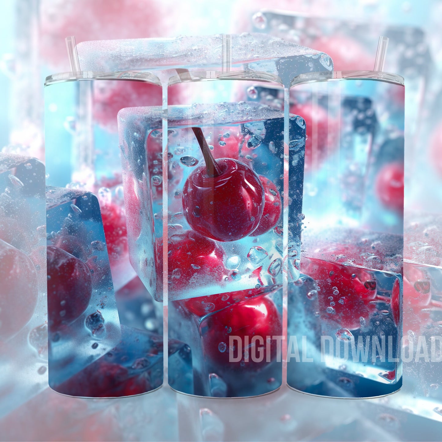 Ice Red Cherry 3D Tumbler Wrap Sublimation Digital Print Design Skinny 20 oz PNG