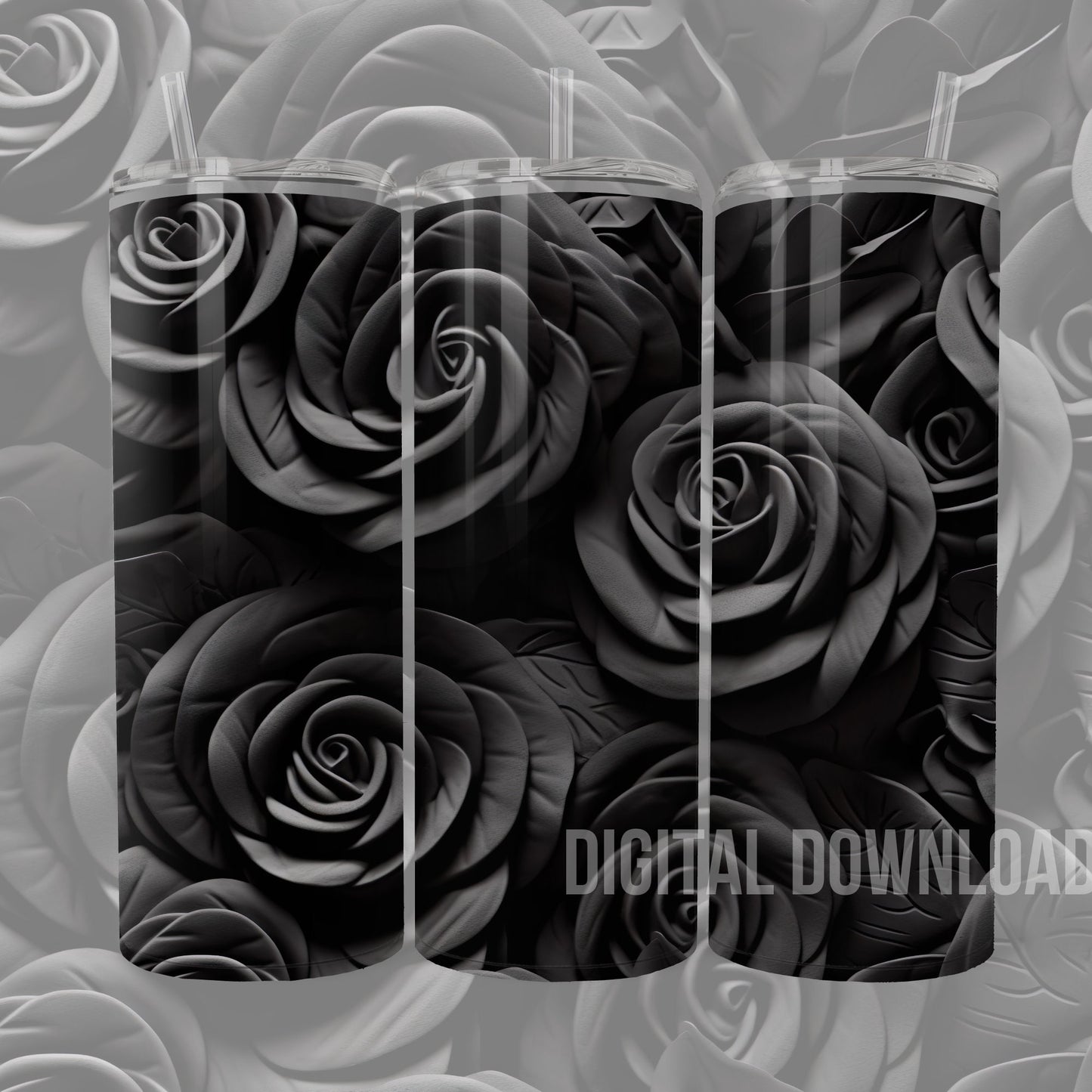 Seamless  Black Roses Tumbler Wrap 3D Digital Download PNG file