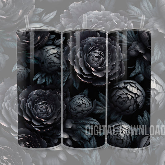 Seamless  Black Peonies Tumbler Wrap 3D Digital Download PNG file