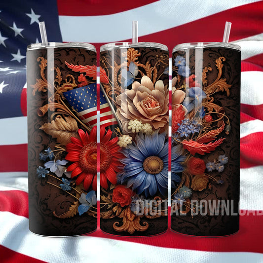 Seamless American Flag Flowers Tumbler Wrap 3D USA Patriotic Sublimation Design Digital Download PNG