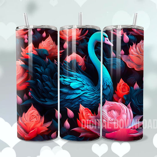 Black Swan 3D Tumbler Wrap Vibrant Floral Flowers Digital Print Sublimation Design Skinny 20 oz