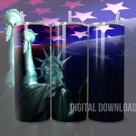 Statue of Liberty Tumbler Wrap 3D Patriotic Sublimation Design Digital Download PNG 4th of July Skinny 20 oz USA Flag