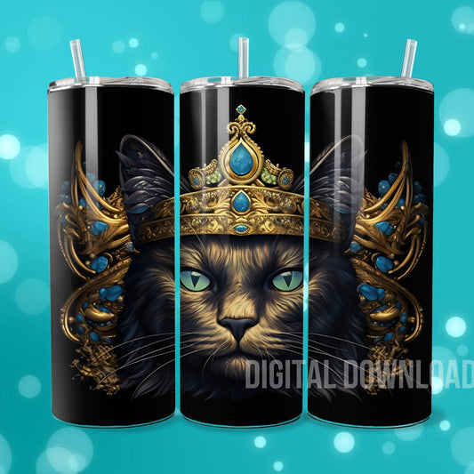 Seamless Black Cat Gold Royal Crown 3D Tumbler Wrap Queen Pet Sublimation Digital Printable Design Skinny 20oz