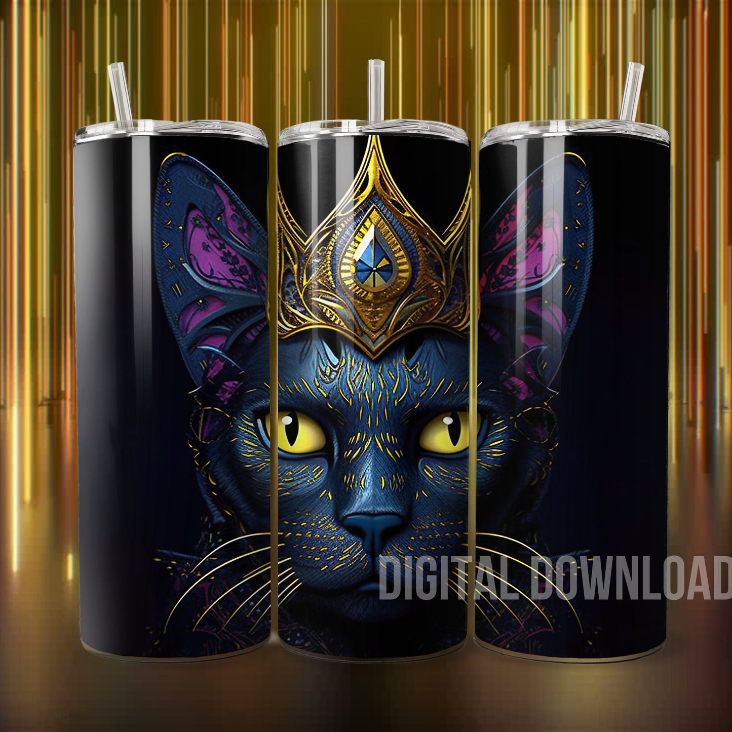 Seamless Black Cat Gold Royal Crown 3D Tumbler Wrap Queen Pet Sublimation Digital Printable Design Skinny 20oz