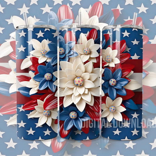 Memorial Day Tumbler Wrap Sublimation American Flag Florals 3D Flower Patriotic 4th of July 20 oz