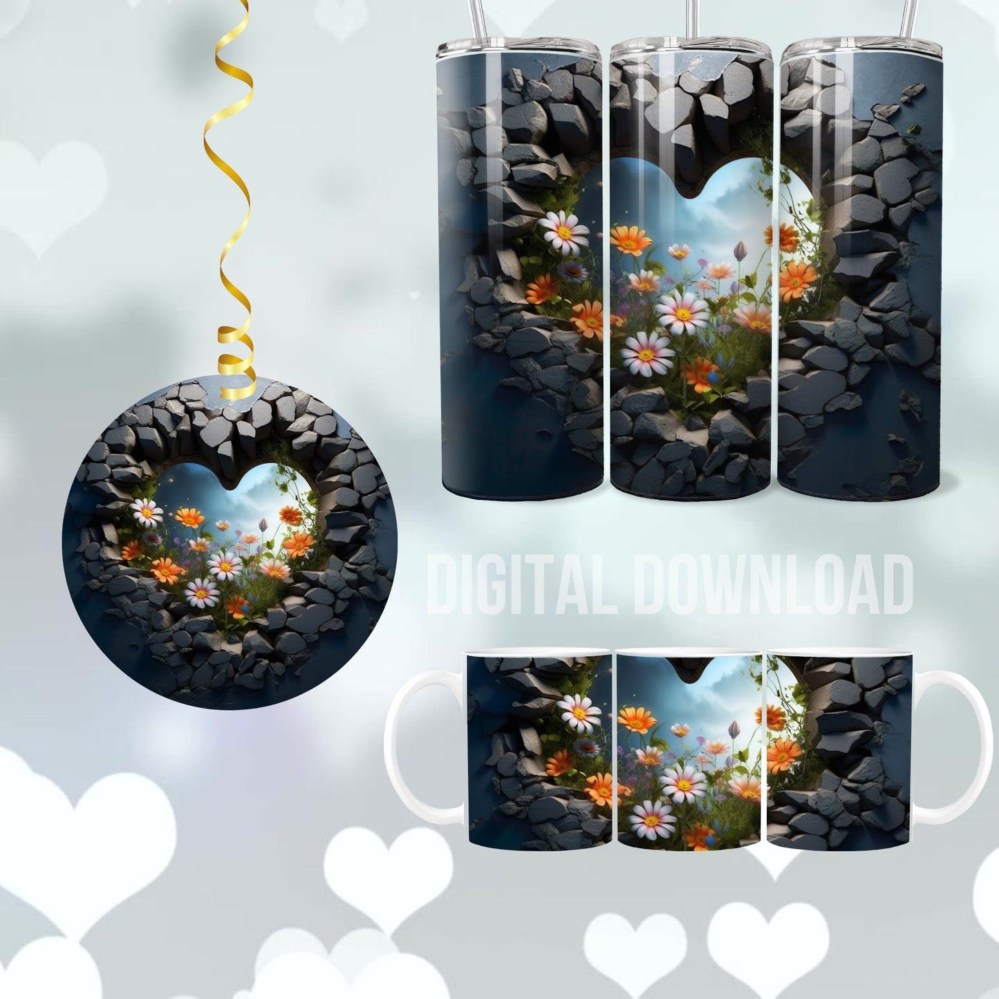 Wildflowers Heart Black Tumbler Mug Cup Wrap Flower Download Digital Sublimation PNG file Valentines Day design