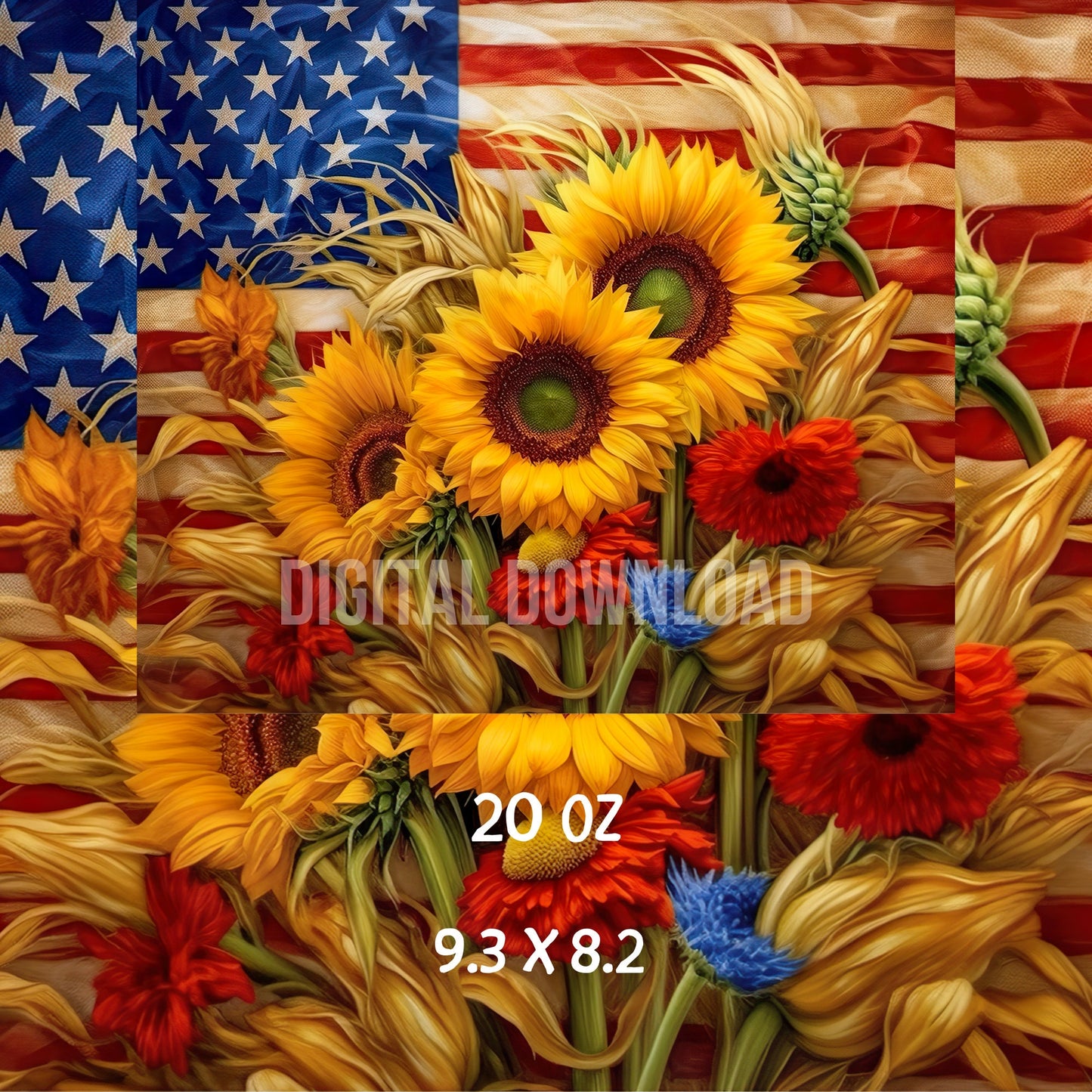 Seamless 4th of July Patriotic Design 20oz Tumbler Wrap Flag USA Sunflowers 3D Digital Download