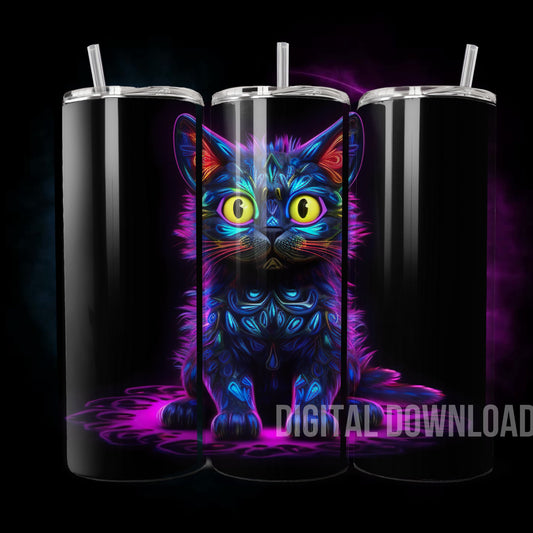 Neon Tumbler Wrap Sublimation Black Cat, Neon digital print design Sublimation, Skinny 20 oz Tumbler Wrap, Digital File PNG