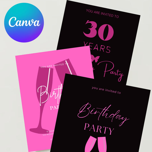 Pink Birthday Invitation Canva Template Invite Download Editable Event Party Celebration Customizable