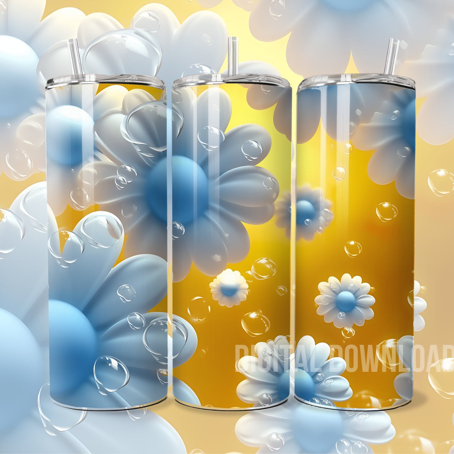 Yellow Blue White Florals Flower Tumbler Wrap 3D Digital print design Skinny 20 oz