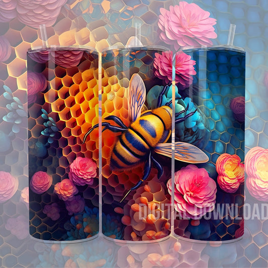 Bee Floral Skinny Tumbler Wrap 3D Sublimation Colorful Design Digital Download File PNG