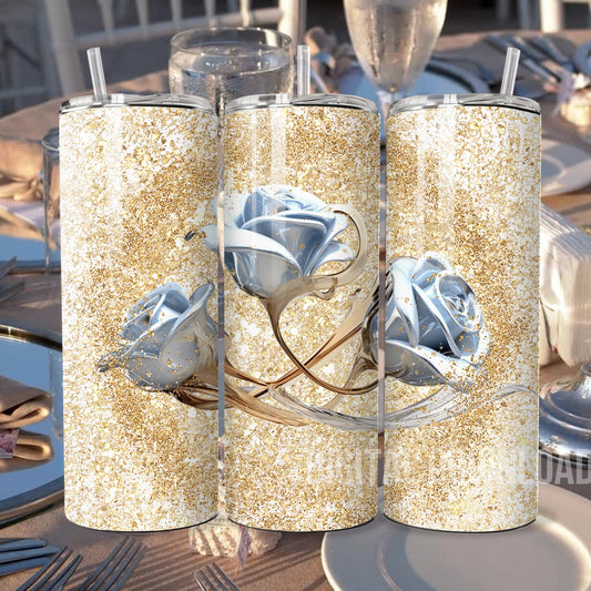 Wedding Gold Blue Roses 3D Tumbler Wrap Sublimation Skinny 20 oz Digital PNG