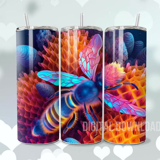 Bee Floral Skinny Tumbler Wrap 3D Sublimation Colorful Design Digital Download File PNG