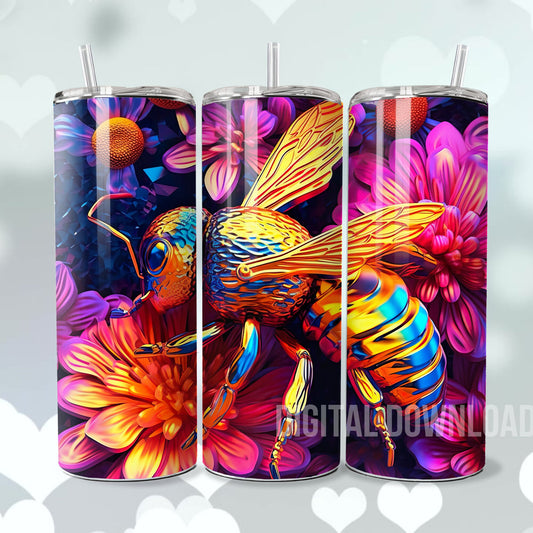 Gold Bee Floral Skinny Tumbler Wrap 3D Sublimation Colorful Design Digital Download File