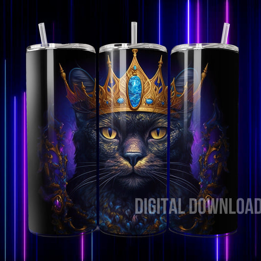 Seamless Black Cat Gold Royal Crown 3D Tumbler Wrap Queen Pet Sublimation Digital Printable Design Skinny 20oz