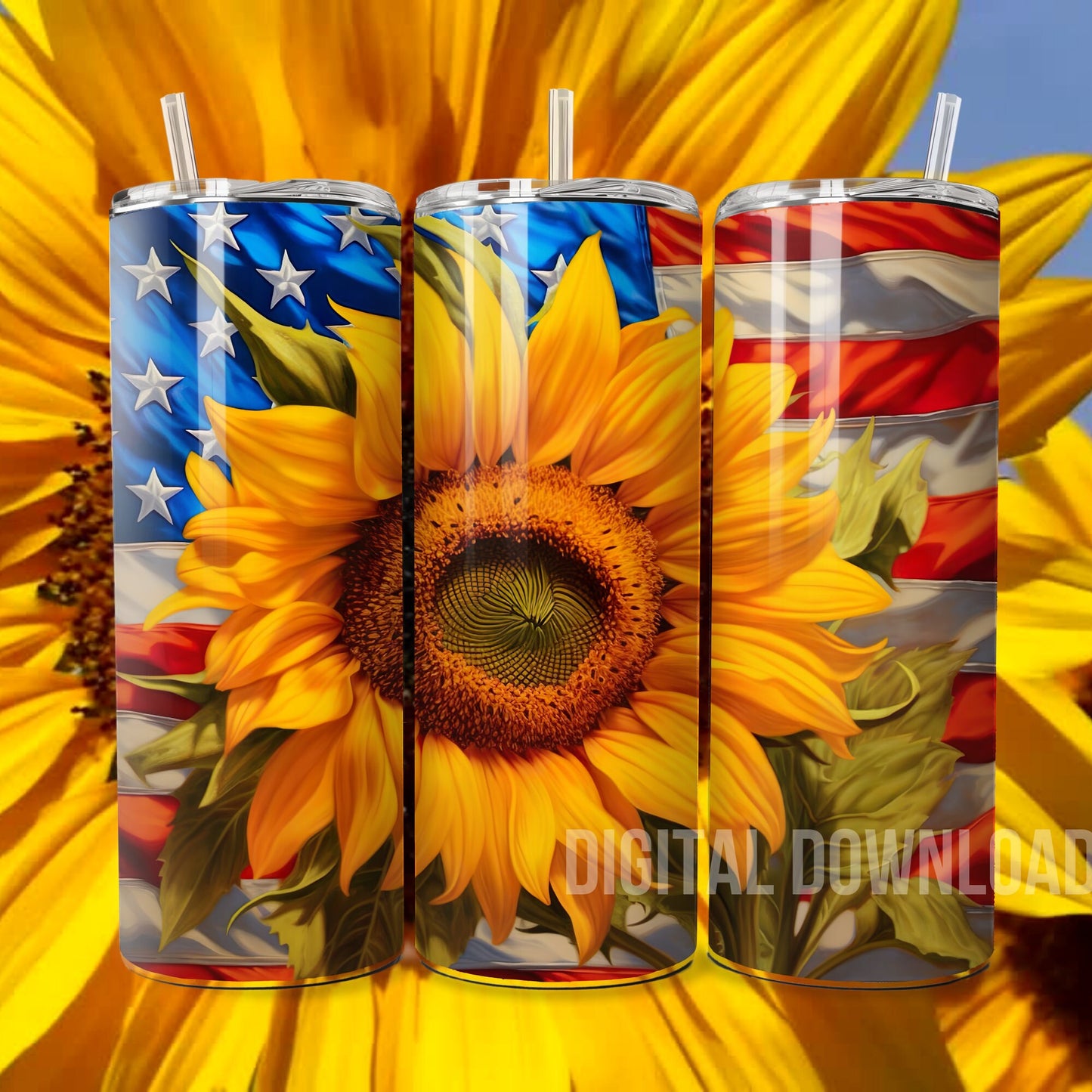 Flag USA Sunflowers  20oz Tumbler Wrap 3D Patriotic Design Digital Download