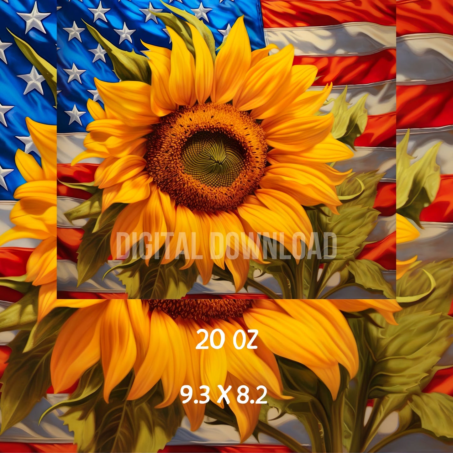 Flag USA Sunflowers  20oz Tumbler Wrap 3D Patriotic Design Digital Download