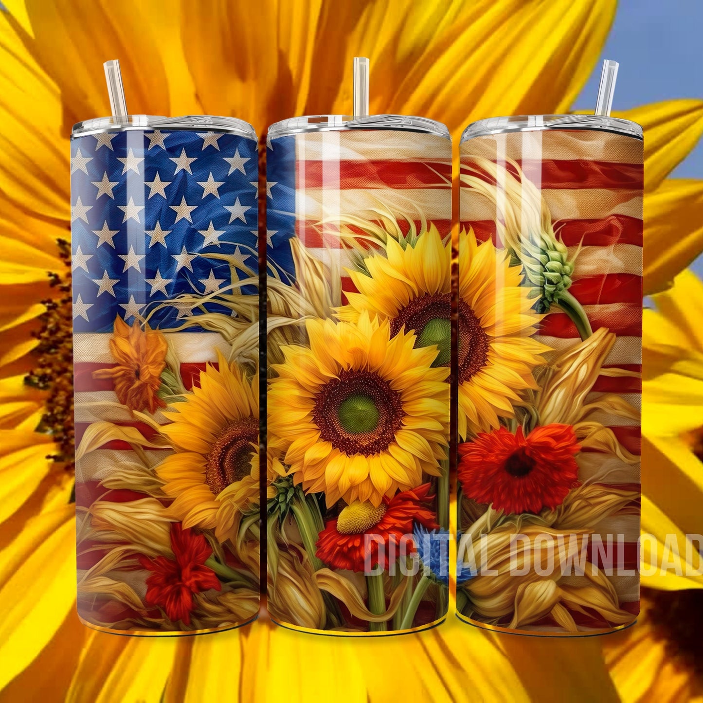 Seamless 4th of July Patriotic Design 20oz Tumbler Wrap Flag USA Sunflowers 3D Digital Download