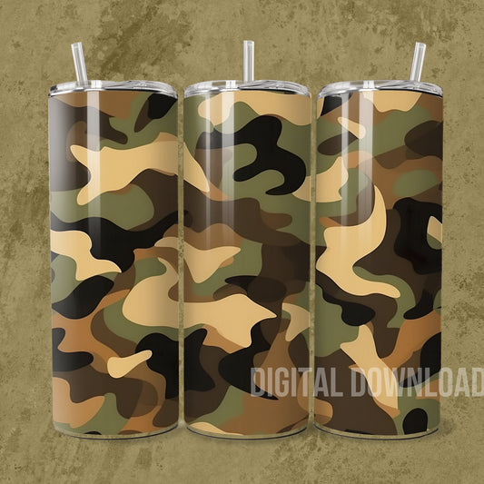 Military Tumbler Wrap Digital Camouflage Seamless Download Sublimation PNG Skinny 20 oz 3D Design Green Khaki Camo