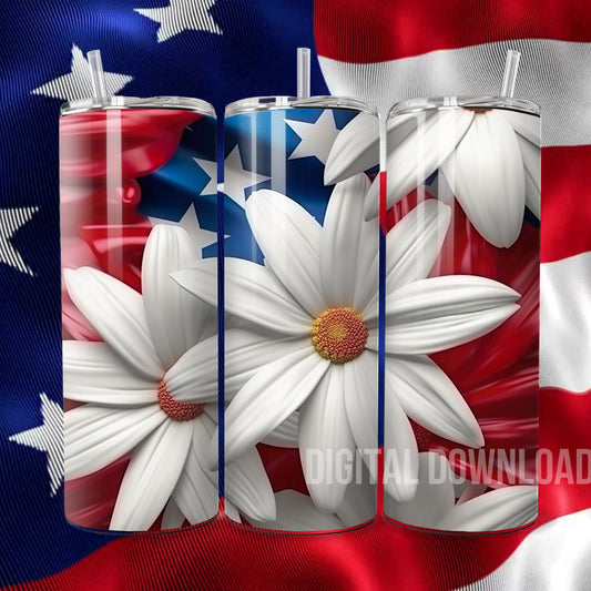 American Flag Floral Patriotic 20 oz Tumbler Wrap 3D USA Design Sublimation PNG