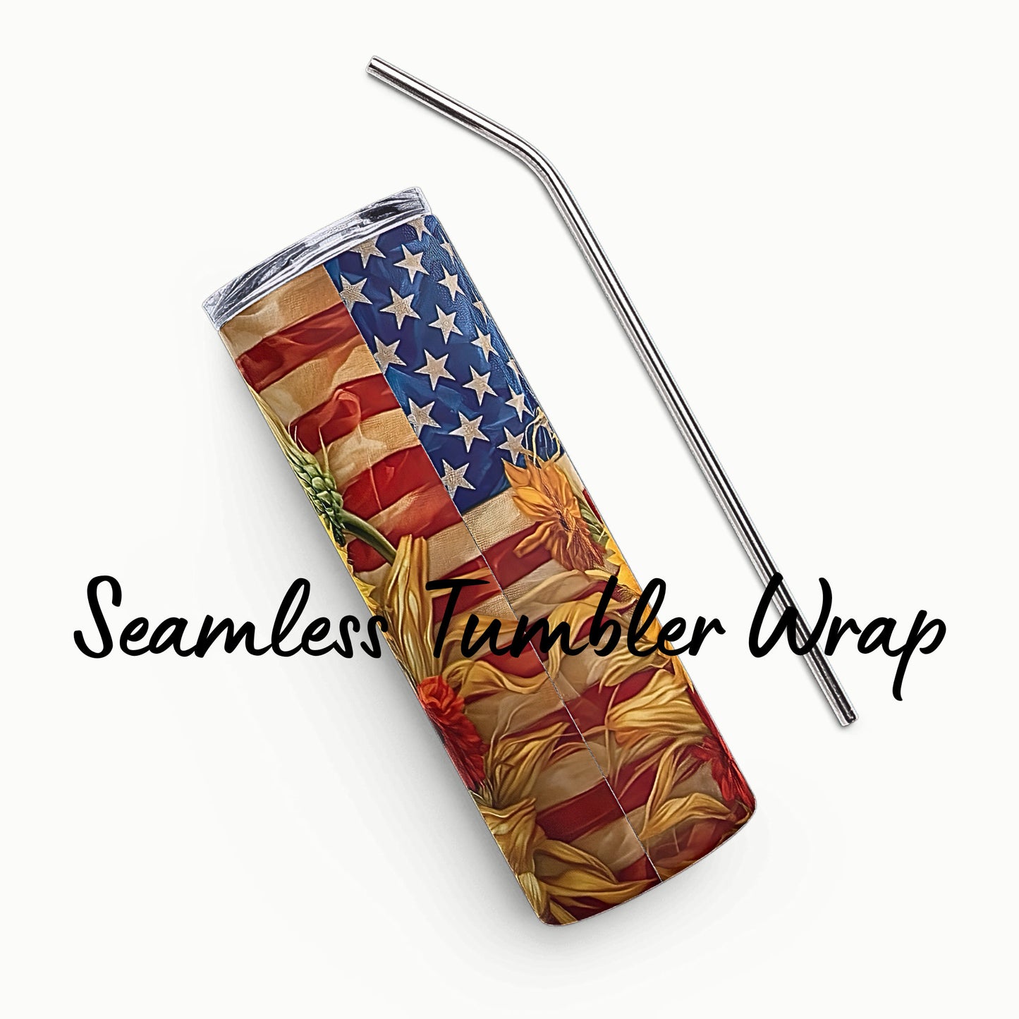 Seamless 4th of July Patriotic Design 20oz Tumbler Wrap Flag USA Sunflowers 3D Digital Download