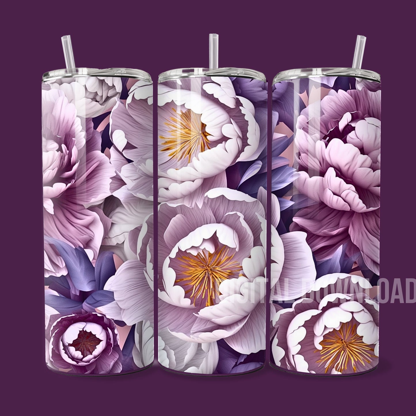 Peonies Seamless Tumbler Wrap Bundle 3D Design 20oz Straight Digital Download