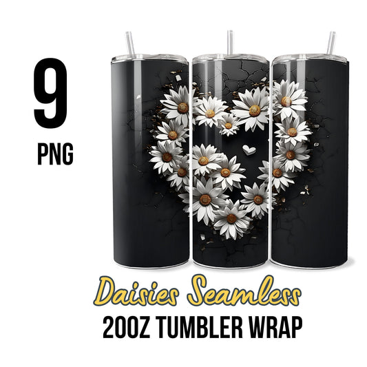 Daisies Heart Black Seamless Tumbler Wrap Bundle Download Digital Sublimation PNG file Valentines Day design