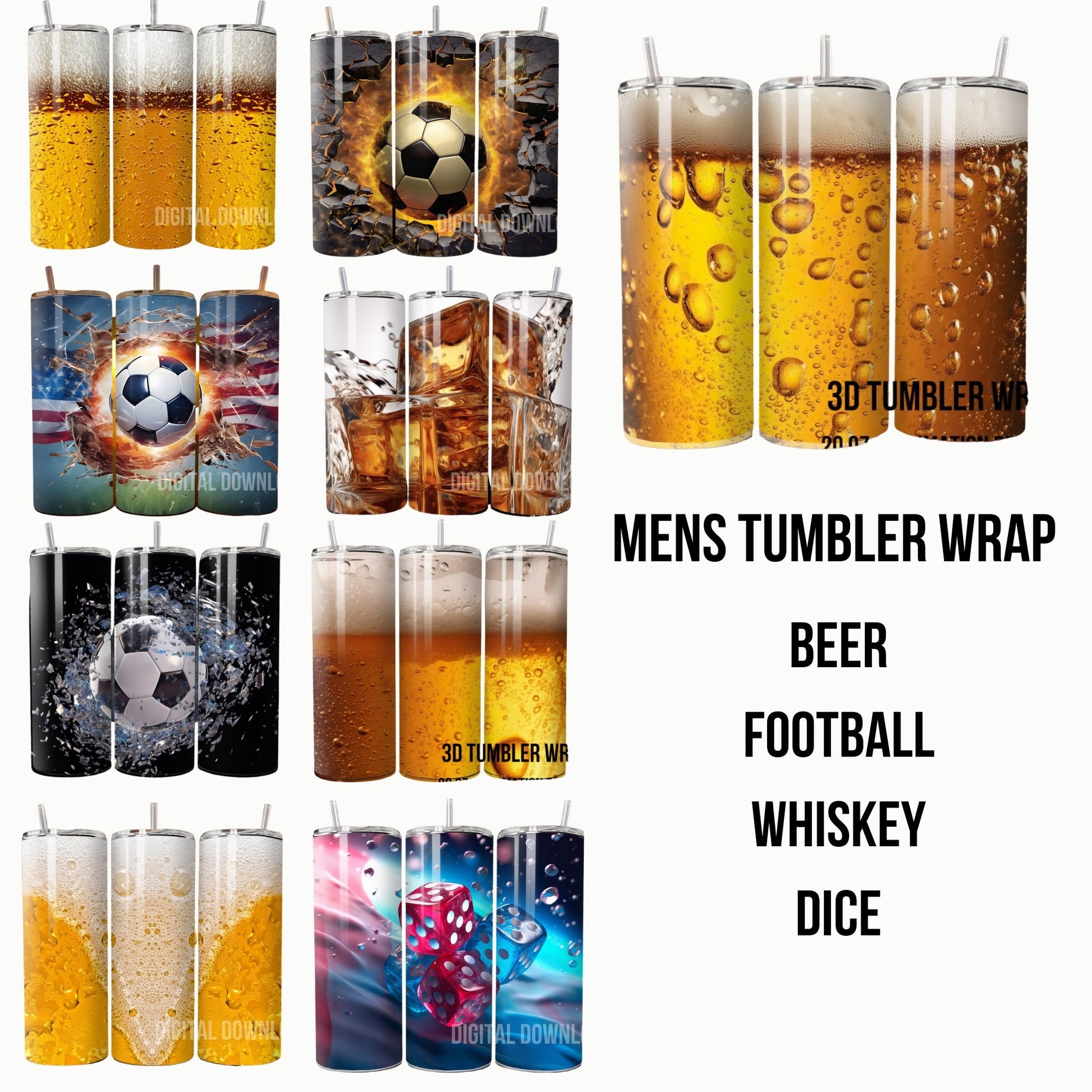 Men Tumbler Wrap Bundle Beer Football Whiskey Dice 3D Digital Download Sublimation PNG Skinny 20 oz Design - Art World Around You