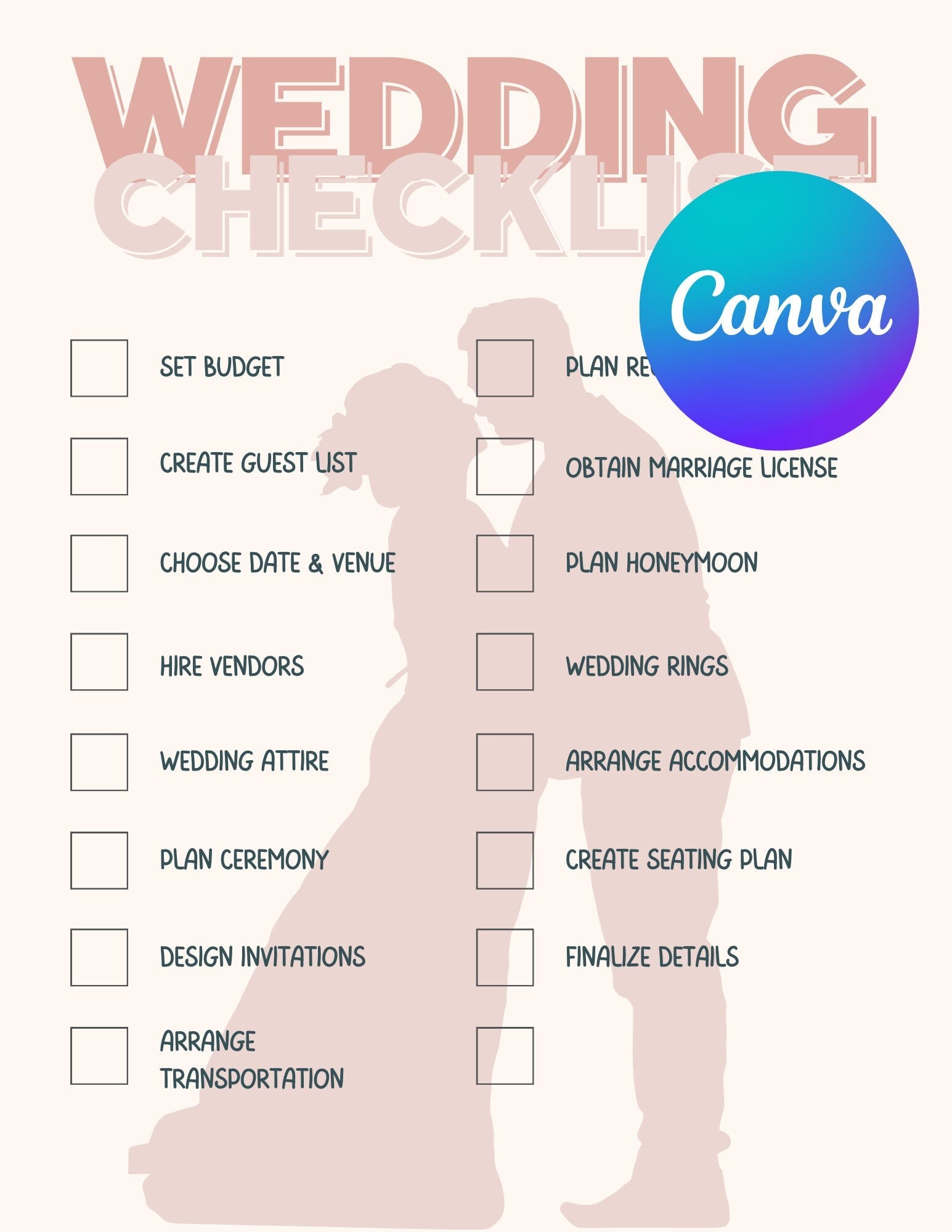 Pink Wedding Checklist Canva Template Download Editable Planning Customizable - Art World Around You