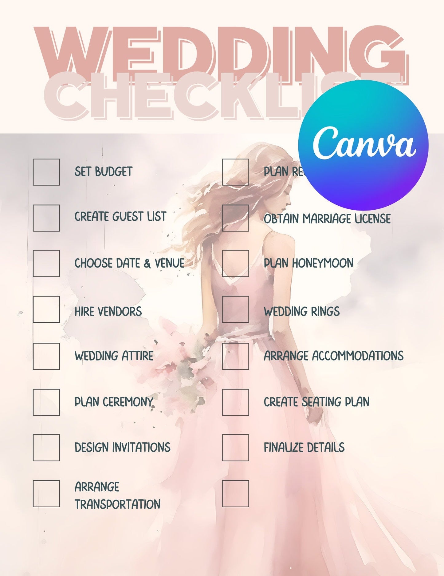 Pink Wedding Checklist Canva Template Download Editable Planning Customizable - Art World Around You