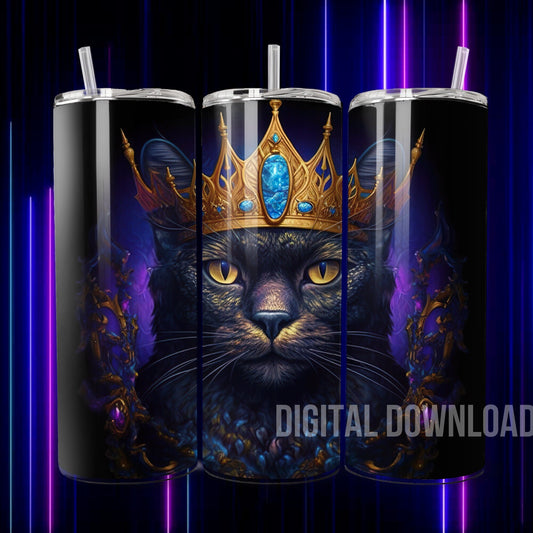 Seamless Black Cat Gold Royal Crown 3D Tumbler Wrap Queen Pet Sublimation Digital Printable Design Skinny 20oz - Art World Around You