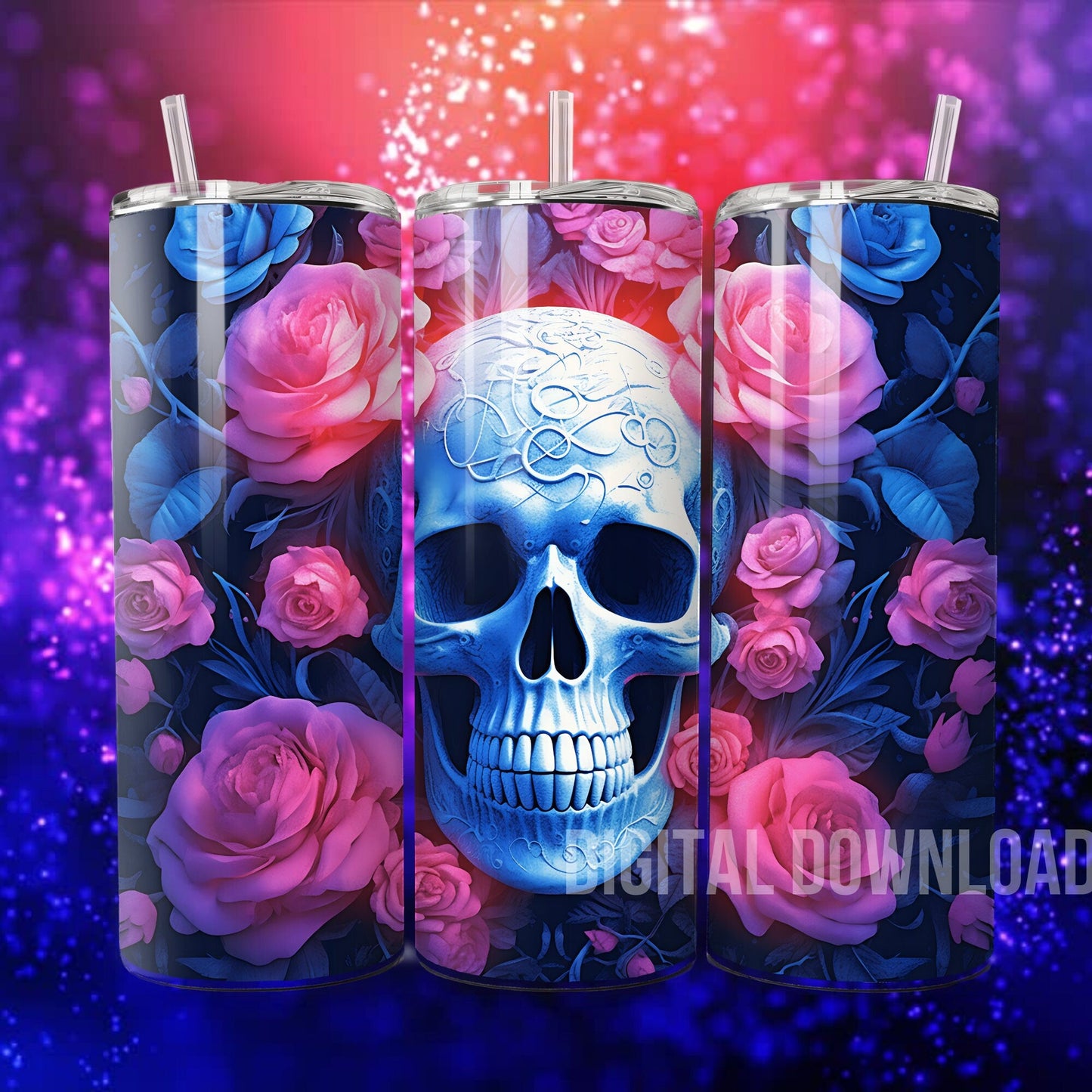 Skull Pink Roses 3D Tumbler Wrap Sublimation Gothic Skeleton Digital Design Skinny 20 oz - Art World Around You