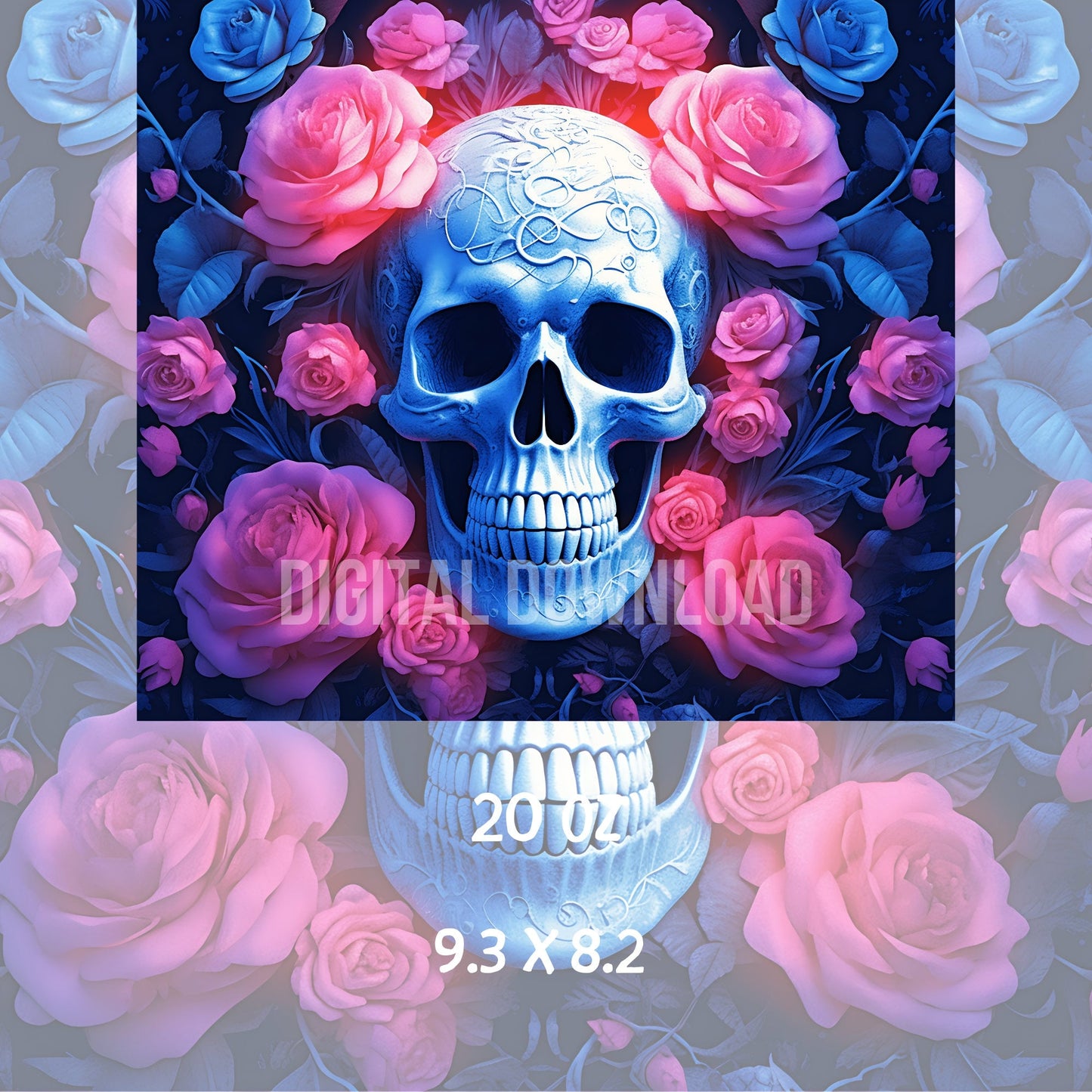 Skull Pink Roses 3D Tumbler Wrap Sublimation Gothic Skeleton Digital Design Skinny 20 oz - Art World Around You